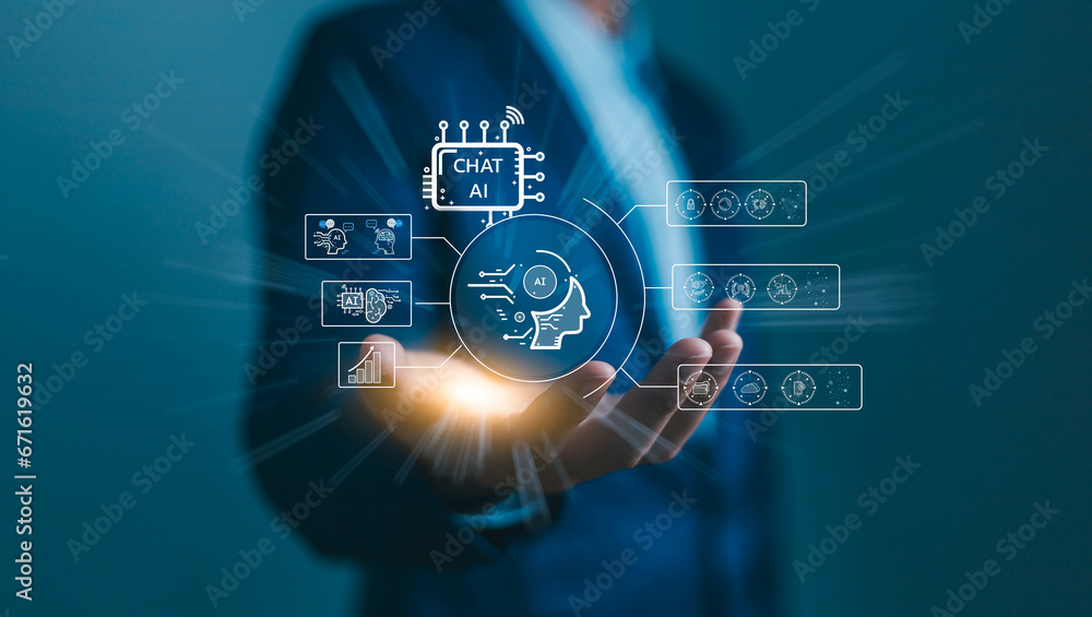 Sticker ai chat, artificial technology concept, business person user laptop open chat with command prompt to