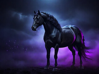 Obraz na płótnie Canvas A black wild horse. night landscape. AI
