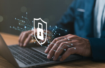 Secure cyber password protect, person use laptop login online web privacy icon computer firewall, cyber safe from virus, Lock icon and internet network security technology. Personal information.