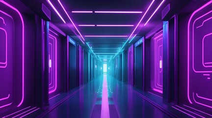 Abstract background of futuristic corridor with purple and blue neon lights