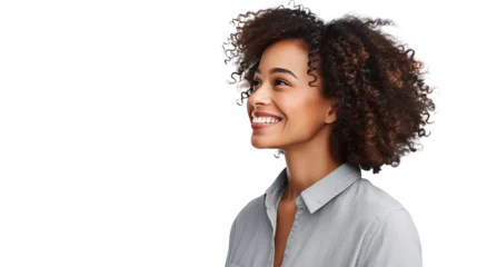 Foto op Canvas friendly, smiling black woman looking at text area, png transparent © Thumbs