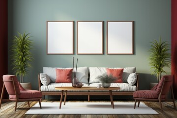 Living room interior poster mockup with two vertical empty black frames, gray velvet sofa, plants in pot and basket and lamps on empty green wall, background.