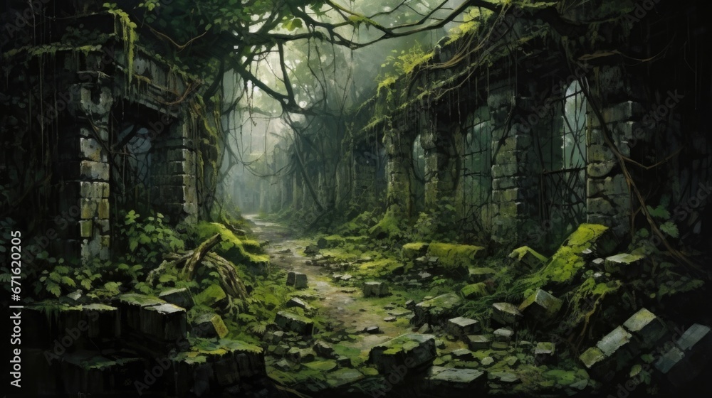 Canvas Prints an old abandoned building in the jungle, ai