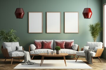 Living room interior poster mockup with two vertical empty black frames, gray velvet sofa, plants in pot and basket and lamps on empty green wall, background.