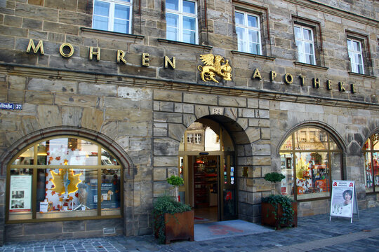Bayreuth, Germany - October 13, 2023: Historical Mohren Apotheke pharmacy on pedestrian Maximilian street, a popular place for locals and tourists in Bayreuth, Upper Franconia