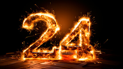 New Year 2024. The number 24 with fireworks on a black background - obrazy, fototapety, plakaty
