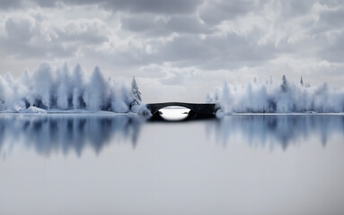Nature podium landscape(wallpaper) image with snowy trees, sky, cloud, bridge, nature. Nature podium. Calm and elegant winter atmosphere. Mockup for product presentation, branding, marketing.