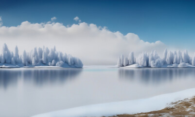 nature podium landscape(wallpaper) with snowy trees, blue sky, cloud, nature. Calm and elegant winter atmosphere. Mockup for product presentation, branding, marketing, web, banner, editorial, print.
