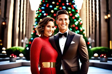 Actor couple smiling brightly and hugging in front of the Christmas tree. Generative AI