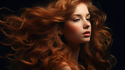 Fototapeta premium Beautiful woman in profile with long and shiny wavy hair. Beauty model girl with curly hairstyle.