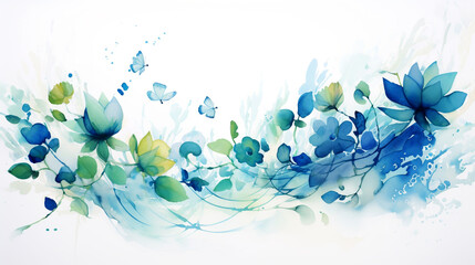 Fototapeta na wymiar WATERCOLOR ABSTRACT BACKGROUND WITH FLOWERS, HORIZONTAL IMAGE. legal AI