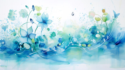 Fototapeta na wymiar WATERCOLOR ABSTRACT BACKGROUND WITH FLOWERS, HORIZONTAL IMAGE. legal AI