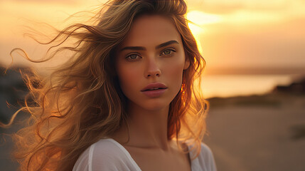 Fototapeta premium Beautiful young stylish woman at sunset at the beach.