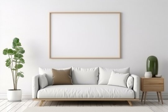 Minimalist living room with artwork and mockup frame on white wall. Generative AI