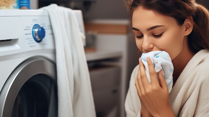 The smell of fresh laundry. Close-up shot of an attractive young woman smelling a freshly washed towel while doing laundry at home, generative ai