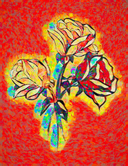 Three Roses On Red Oil Painting On The Canvas Illustration