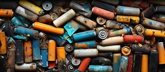 Various old batteries for recycling with different macro textures