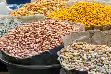 Pistachio nut and nut mix at Egypt bazaar. Istanbul, Turkey (Turkiye)