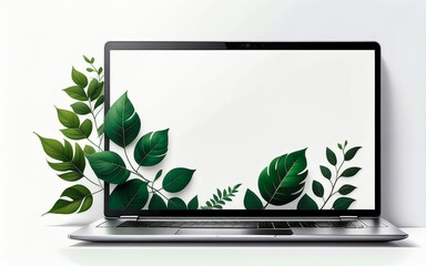 Exhibition laptop with green leaves. AI