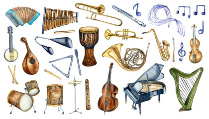 Set of musical instruments watercolor illustration isolated on white background. Hand drawn xylophone, flute, treble clef. Elements for a music project. Painted french horn, contrabass, harp, notes - obrazy, fototapety, plakaty