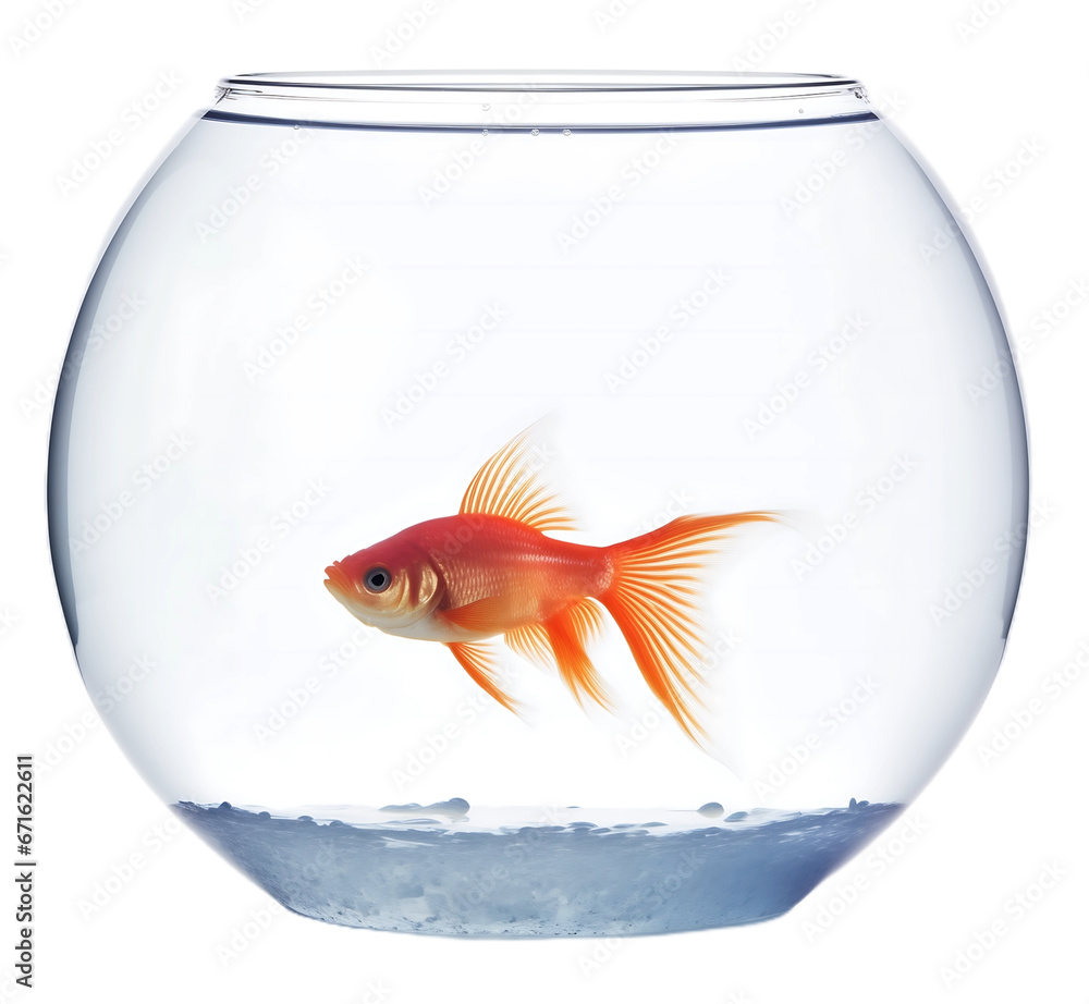 Wall mural single goldfish swimming in round fishbowl aquarium on transparent background.