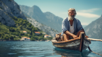 Man on Rustic lake boat in Mediterranean lake. - obrazy, fototapety, plakaty