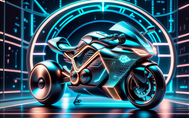 A modern motorcycle. Background neon rays, light. AI