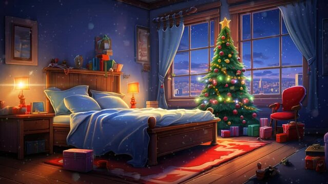 bedroom with christmas tree decorations. seamless looping time-lapse virtual video animation background.