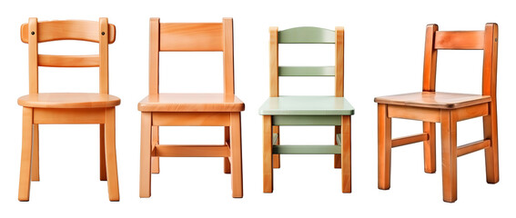 Assortment of Small Wooden Student Chairs for Kids - obrazy, fototapety, plakaty