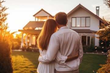 Happy couple standing in front of their new home. Young family buying new house, lifestyle. Rent or own real estate. - obrazy, fototapety, plakaty