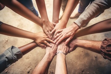 Group of people holding and stacking hands together.