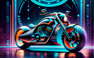 A modern chopper motorcycle. Background neon rays, light. AI
