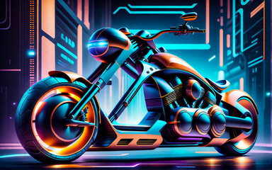 A modern chopper motorcycle. Background neon rays, light. AI
