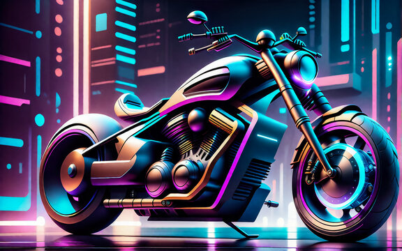 A modern chopper motorcycle. Background neon rays, light. AI
