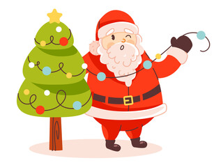 Happy Santa Claus with a Christmas tree. Cartoon vector illustration