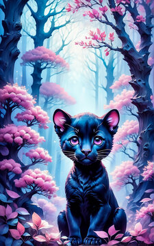 Black little panther. Fantastic landscape in pink and blue tones.. AI
