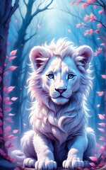 A white lion cub. Fantastic landscape in pink and blue tones.. AI