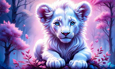 A white lion cub. Fantastic landscape in pink and blue tones.. AI
