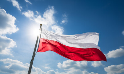 Large flag of Poland against blue sky. Independence Day November 11, Poland. Red and white polish flag blowing in wind.