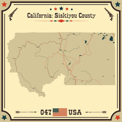 Large and accurate map of Siskiyou County, California, USA with vintage colors.