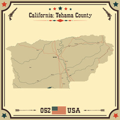 Large and accurate map of Tehama County, California, USA with vintage colors.