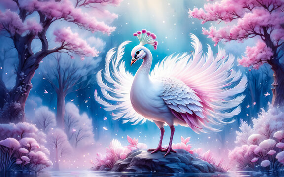 White peacock. Fantastic landscape in pink and blue tones.. AI