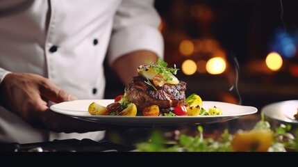 Waiter is holding a plate with food - Powered by Adobe