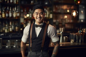 Fototapeta premium Asian Male Bartender Employee Professional Concept Generative AI