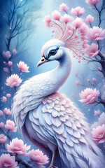 White peacock. Fantastic landscape in pink and blue tones.. AI