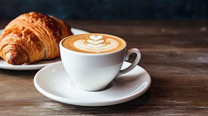 Cappuccino and Croissant on Dark Wood Table
