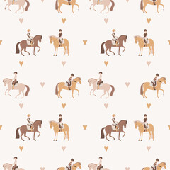 Kids with their pony friends, seamless vector pattern