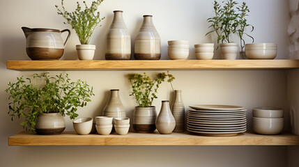 Fototapeta na wymiar Clay dishes on an open shelf in the interior of an apartment, details of the design of a kitchen space with natural materials and natural lighting, the use of plants in the interior