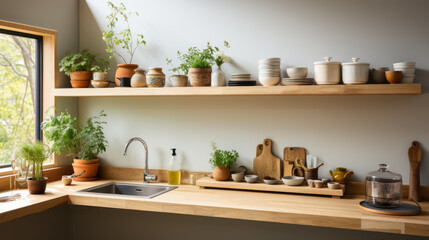 Fototapeta na wymiar Kitchen workspace with open shelves with pottery and potted indoor plants. Interior with simple and clean lines and maximum space for comfort and coziness
