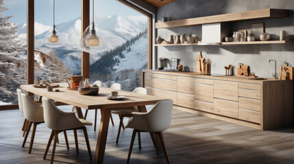 View of kitchen space and dining room in chalet in the mountains, Scandinavian style design with interior made from natural materials. Functional design with simple and clean lines and maximum space